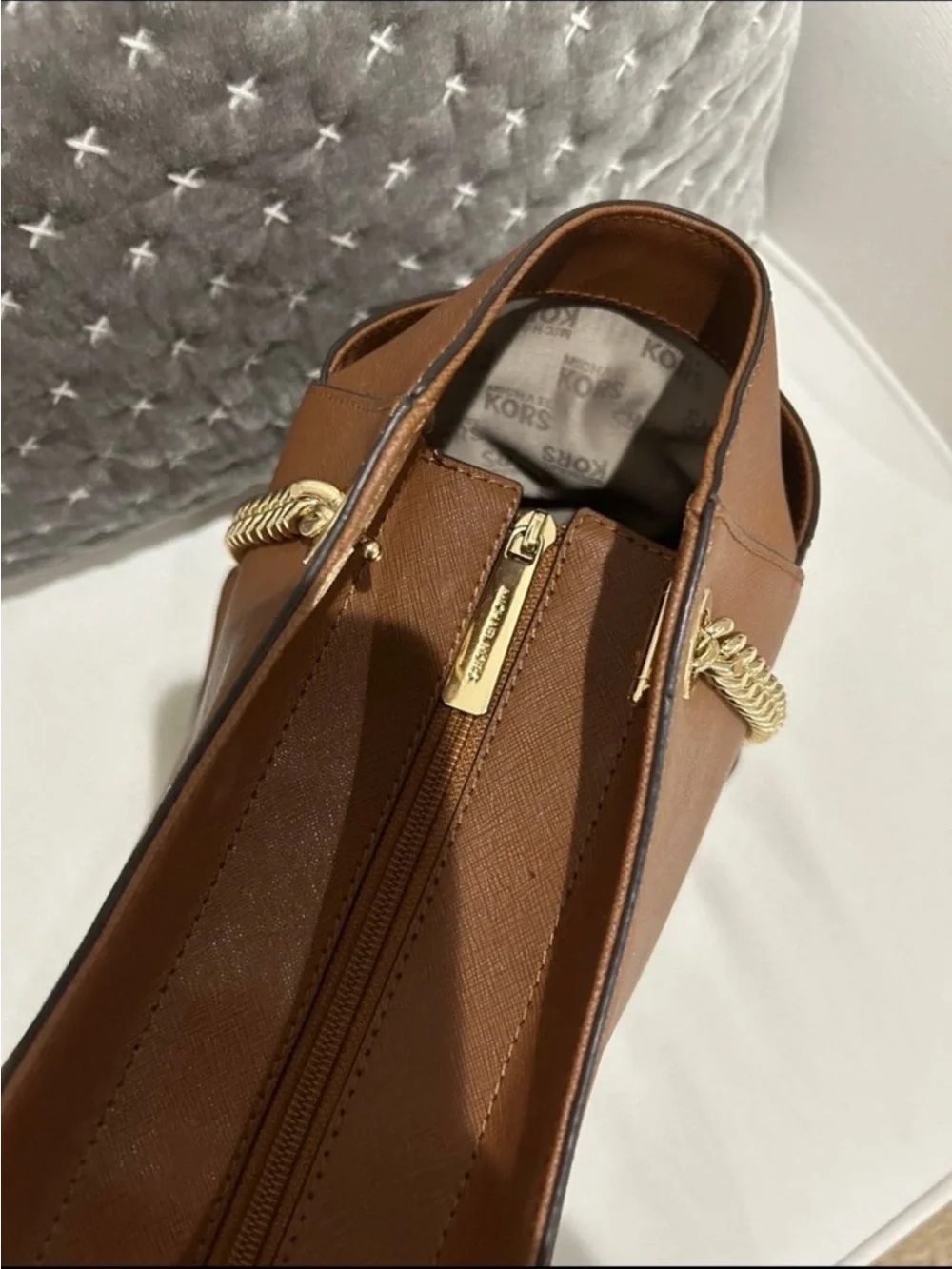 Michael Kors Cognac Saffiano Leather Shoulder Tote with Gold MK Emblem